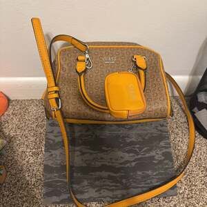 Guess Talladega Logo Detailed Satchel Bag with Pouch in Honey Yellow